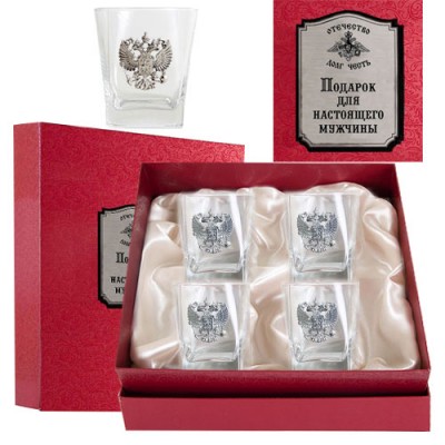 Набор из 4-х бокалов для виски "Отечество Долг Честь" в подарочной коробке с гравировкой