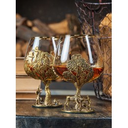 Набор из 2-х бокалов для коньяка 420 мл"Охота на Уток+Охота на Лося" (новые), упаковка деревянная шкатулка, ложемент коричневый шелк