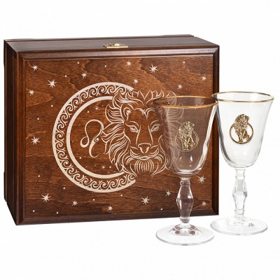 Набор из 2-х бокалов для вина и шампанского с накладкой "Лев", в деревянной шкатулке с гравировкой