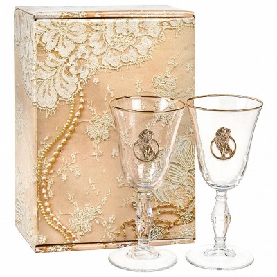 Набор из 2-х бокалов для вина и шампанского с накладкой "Лев" в подарочной золотой коробке