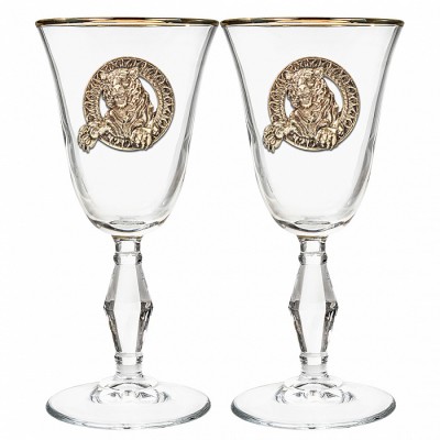 Набор из 2-х бокалов для вина и шампанского с накладкой Тигр" в деревянной шкатулке с гравировкой