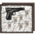 Набор штоф-Пистолет и 6 стопок (низкие, золотая кайма) Герб (латунь) "Настоящий мужчина" в подарочной коробке