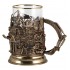 Набор для чая «Строители» (стакан - хрусталь с золотым ободком, кожаный футляр с бронзовой накладкой, ложка - латунь)