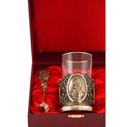 Набор для чая "Екатерина II" (3 пр.) (стакан-стекло с золотым ободком, ложка- латунь, деревянный футляр)