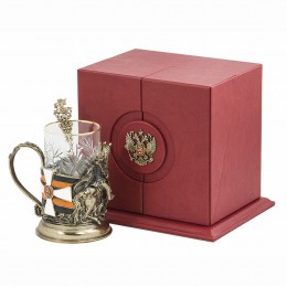 Набор для чая "Георгий-Победоносец" (цветные ювелирные эмали, стакан-хрусталь с золотым ободком, кожаный футляр с бронзовой накладкой, ложка- латунь)