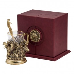 Набор для чая "Охота. Трофеи" (стакан - хрусталь с золотым ободком, кожаный футляр с бронзовой накладкой, ложка - латунь)
