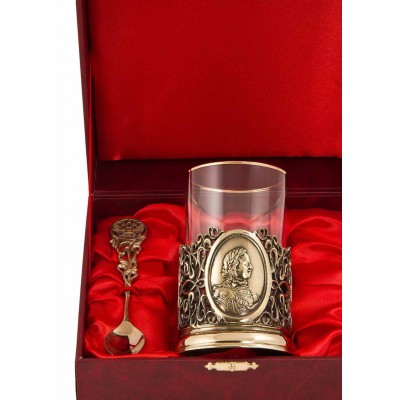 Набор для чая "Петр I" (3 пр.) (стакан-стекло с золотым ободком, ложка- латунь, деревянный футляр)