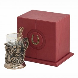 Набор для чая "Рог изобилия" (стакан - хрусталь с золотым ободком, кожаный футляр с бронзовой накладкой, ложка - латунь)