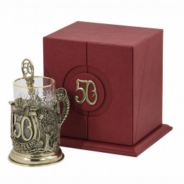 Набор для чая "С юбилеем-50 лет" (стакан - хрусталь с золотым ободком, кожаный футляр с бронзовой накладкой, ложка - латунь)