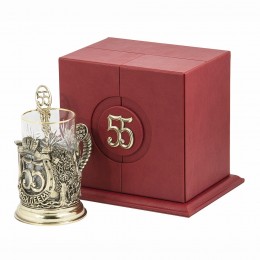 Набор для чая "С юбилеем! 55 лет" (стакан - хрусталь с золотым ободком, кожаный футляр с бронзовой накладкой, ложка - латунь)