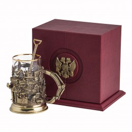 Набор для чая «Строители» (стакан - хрусталь с золотым ободком, кожаный футляр с бронзовой накладкой, ложка - латунь)