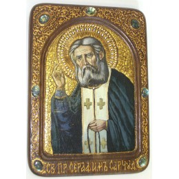 Живописная икона "Преподобный Серафим Саровский чудотворец" на мореном дубе