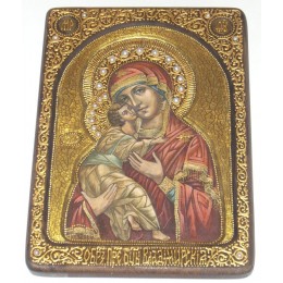 Живописная икона "Образ Владимирской Божьей Матери" на мореном дубе