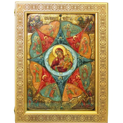 Живописная икона Божией матери "Неопалимая купина" на кипарисе в березовом киоте