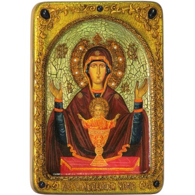 Живописная икона Божией матери "Неупиваемая чаша" на кипарисе