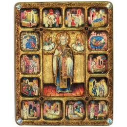 Большая подарочная икона "Святитель Николай, архиепископ Мир Ликийский (Мирликийский), чудотворец с житийными сценами"