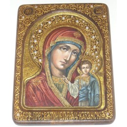 Живописная икона "Образ Казанской Божьей Матери" на мореном дубе