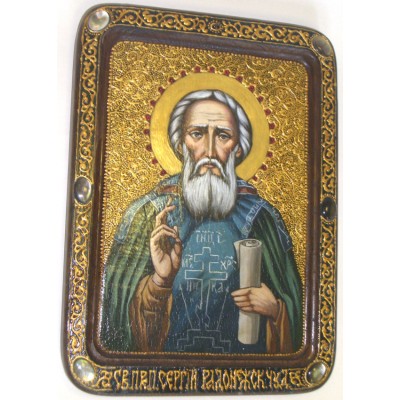 Живописная икона "Преподобный Сергий Радонежский чудотворец" на мореном дубе