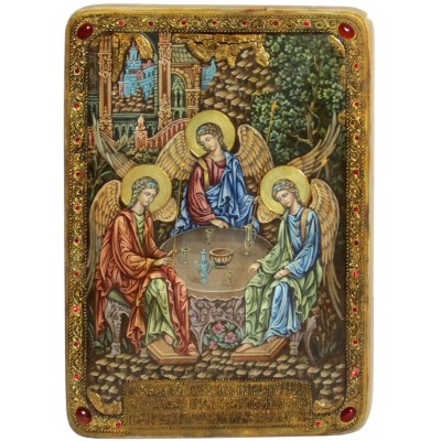 Живописная икона "Троица" подарочная на кипарисе