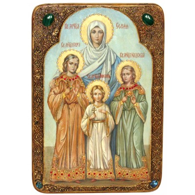 Живописная икона "Вера, Надежда, Любовь и мать их София" на кипарисе