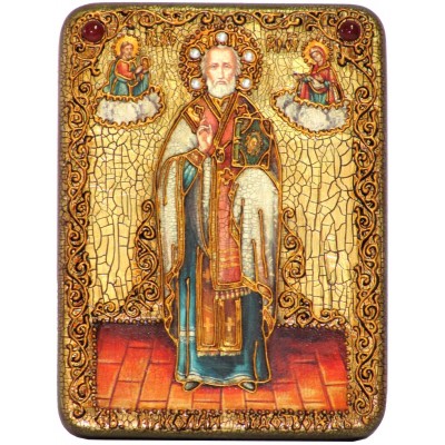 Подарочная икона "Святитель Николай, архиепископ Мир Ликийский (Мирликийский), чудотворец" на мореном дубе